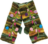 That 70`s Style Wool Hand Warmers with Floral Details